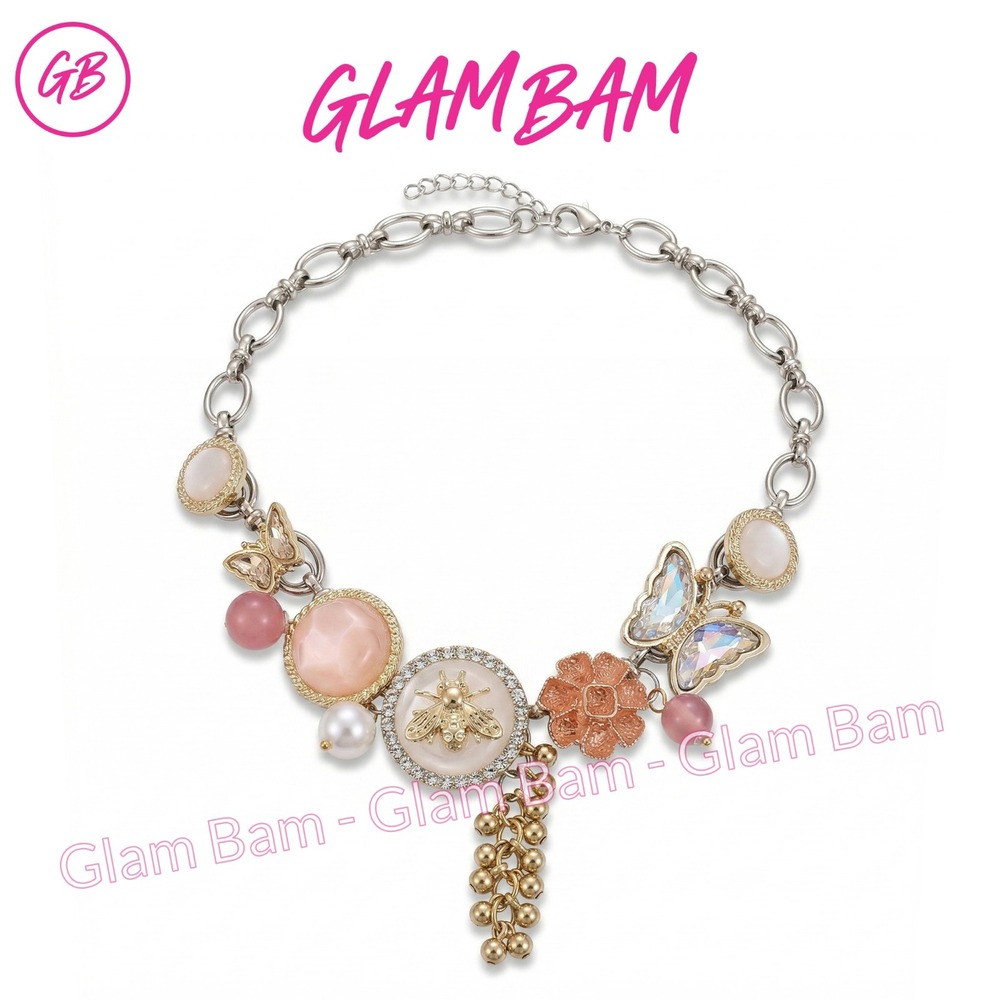 Statement Butterfly Bee Flower Charm Choker Necklace Silver Pink